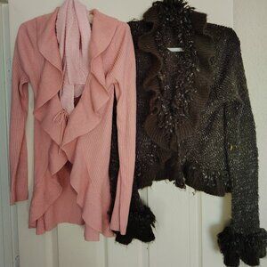 2 Sweaters - Sm/Med Pink is by Energie & Dk green/grey distressed is Granoriente